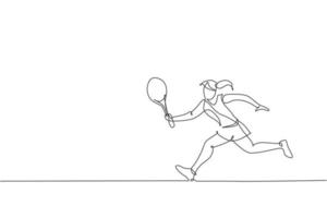 Eine durchgehende Linie, die eine junge, glückliche Tennisspielerin zeichnet, läuft und trifft den Ball. Leistungssportkonzept. dynamische einzeilige Zeichnungsdesign-Vektorgrafikillustration für Turnier-Werbeplakat vektor