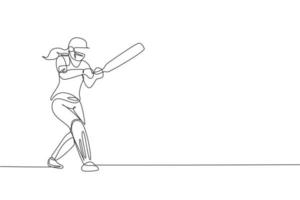 einzelne durchgehende Linie, die eine junge agile Cricketspielerin zeichnet, schlug erfolgreich die Vektorgrafik des Balls. Sportübungskonzept. trendiges One-Line-Draw-Design für Cricket-Werbemedien vektor