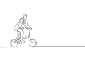 eine durchgehende Strichzeichnung eines jungen professionellen Managers, der mit dem gefalteten Fahrrad zu seinem Büro fährt. gesundes arbeitendes städtisches lebensstilkonzept. dynamische einzeilige Zeichnungsdesign-Vektorillustration vektor
