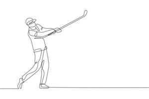 en enda linjeteckning av ung sportig golfspelare slår bollen med golfklubba vektorgrafisk illustration. hälsosam sport koncept. modern kontinuerlig linjeritningsdesign för golfturneringsaffisch vektor