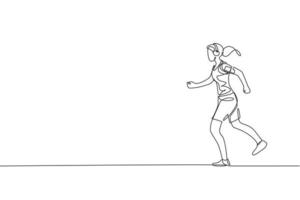 eine durchgehende Strichzeichnung einer jungen sportlichen Läuferin, die sich entspannt, während sie Musik hört. Sportkonzept für Gesundheitsaktivitäten. dynamische einzeilige Design-Vektorillustration für Laufveranstaltungsplakate vektor