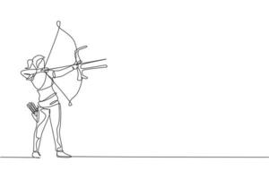 eine durchgehende Strichzeichnung einer jungen Bogenschützin, die den Bogen zieht, um ein Bogenschießziel zu schießen. bogenschießen sport trainings- und übungskonzept. dynamische einzeilige Zeichnungsdesign-Vektorillustration vektor