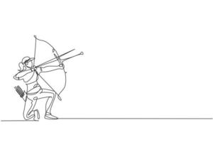 einzelne fortlaufende Linienzeichnung einer jungen professionellen Bogenschützin, die sich auf das Ziel des Bogenschießens konzentriert. bogenschießsportübung mit dem bogenkonzept. trendige einzeilige zeichnen design-vektor-illustrationsgrafik vektor
