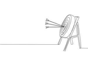 Eine durchgehende Linienzeichnung von Pfeilen wurde ins Bullseye zum Bogenschießziel geschossen, Seitenansicht. bogenschießen sport trainings- und übungskonzept. dynamische einzeilige Grafikdesign-Vektorillustration vektor