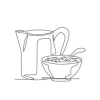 en enda linjeteckning av skål med flingfrukost och kanna mjölk vektorgrafisk illustration. hälsosam daglig mat märke koncept. modern kontinuerlig linjeritning design naturlig mat logotyp vektor