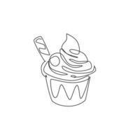 eine durchgehende Strichzeichnung von frischer, köstlicher Eisbecher-Eisbecher mit Wafer-Stick-Logo-Emblem. Snack-Food-Café-Shop-Logo-Vorlagenkonzept. moderne einzeilige zeichnen-design-vektorillustration vektor