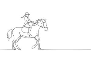 einzelne durchgehende Linienzeichnung eines jungen professionellen Reiters, der mit einem Pferd um die Ställe geht. Reitsport-Trainingsprozesskonzept. trendige einzeilige zeichnen design-vektorillustration vektor