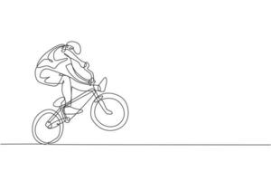eine einzige Strichzeichnung eines jungen BMX-Fahrradfahrers, der einen Freestyle-Trick auf der Straßenvektorillustration durchführt. Extremsportkonzept. modernes Design mit durchgehender Linie für Freestyle-Wettkampfbanner vektor