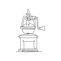eine einzige Strichzeichnung der manuellen handlichen hölzernen Vintage-Kaffeebohnenmühle Logo-Vektorillustration. altes klassisches kaffeemühlenabzeichenkonzept. modernes durchgehendes liniendesign-logo für getränkegeschäfte