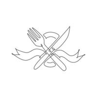 eine durchgehende Strichzeichnung von Messer und Gabel mit Band für das Logo-Emblem des Restaurants. Luxus-Café-Shop-Logo-Template-Konzept. moderne grafische Vektorillustration des einzeiligen Zeichnens des Designs vektor