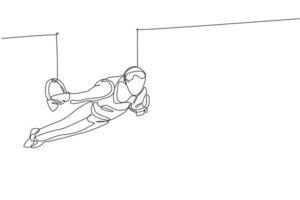 en enda linjeteckning av ung stilig gymnast man tränar stadiga ringar grafisk vektorillustration. hälsosam livsstil och atletisk sport koncept. modern kontinuerlig linjeritningsdesign vektor