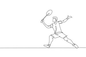 en enda linjeteckning ung energisk badmintonspelare ta en träff från motståndarens grafiska vektorillustration. hälsosam sport koncept. modern kontinuerlig linjeritning för badmintonturneringsaffisch vektor