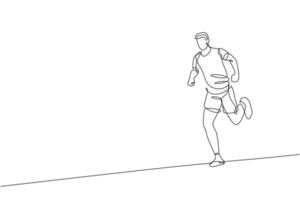 enda kontinuerlig linjeteckning ung smidig man löpare hobby att springa koppla av på fritiden. hälsosam livsstil koncept. trendiga en rad rita design vektor illustration grafik för att köra race promotion