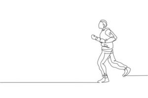 Eine einzige Strichzeichnung eines jungen, energischen Läufers, der sich an der Morgenvektorillustrationsgrafik entspannt. gesundes sporttrainingskonzept. modernes Design mit durchgehender Linie für Laufbanner vektor