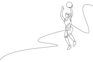 einzelne durchgehende Linienzeichnung junger gesunder Basketballspielerinnen beim Springen. Leistungssportkonzept. trendige Designvektorillustration mit einer Linie für Basketballturnier-Werbemedien vektor