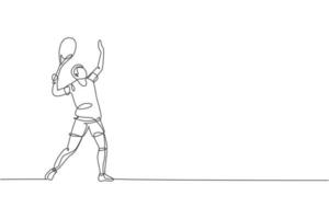 enda kontinuerlig linjeteckning av ung smidig tennisspelare förbereder sig för att serva bollen. sport träning koncept. trendiga en rad rita design vektor illustration för tennis turnering marknadsföring media