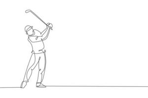 en enda linjeteckning av ung sportig golfspelare slår bollen med golfklubba vektorgrafisk illustration. hälsosam sport koncept. modern kontinuerlig linjeritningsdesign för golfturneringsaffisch vektor