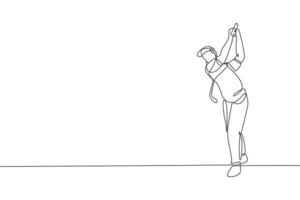 en kontinuerlig linjeteckning av ung golfspelare svingar golfklubban och slår bollen. fritid sport koncept. dynamiska en rad rita design vektor illustration grafik för turnering marknadsföring media