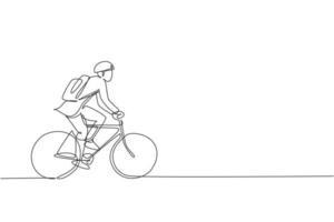 enda kontinuerlig linje ritning ung professionell affärsman som cyklar till sitt företag. cykel till jobbet, miljövänligt transportkoncept. trendiga en rad rita design grafisk vektorillustration vektor