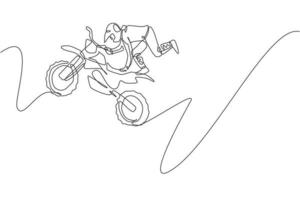 en kontinuerlig linjeteckning av unga motocrossförares akrobatiska flyghopp upp i luften. extrem sport koncept. dynamisk enda linje rita design vektorillustration för motocross konkurrens affisch vektor