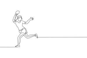 eine durchgehende Strichzeichnung einer jungen sportlichen Tischtennisspielerin, die aktiv ist, um den Ball zu fangen. Leistungssportkonzept. Single Line Draw Design Vector Illustration für Ping-Pong-Meisterschaftsplakat