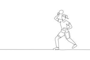 en kontinuerlig linjeteckning av ung kvinna bordtennisspelare vända bollen tillbaka till rival. tävlingsidrottskoncept. enkel rad rita design vektorillustration för pingis mästerskap affisch vektor