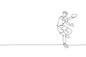 eine durchgehende Strichzeichnung eines jungen sportlichen Tischtennisspielers, der defensiv ist, um den Ball zu treffen. Leistungssportkonzept. Single Line Draw Design Vector Illustration für Ping-Pong-Meisterschaftsplakat