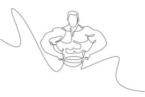 enda kontinuerlig linjeteckning av ung muskulös modell man bodybuilder poserar elegant. gym logotyp. trendiga en rad rita design vektorillustration för budybuilding ikon och symbol mall vektor