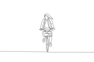 einzelne durchgehende Linienzeichnung einer jungen professionellen Geschäftsfrau, die mit dem Fahrrad zu ihrer Firma fährt. Fahrrad zur Arbeit, umweltfreundliches Transportkonzept. trendige einzeilige zeichnen design-vektorillustration vektor