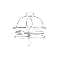 enda kontinuerlig linjeritning av stiliserad matbricka täcka cloche för café för logotyp etikett. elegant restaurangkoncept. modern en rad rita design vektor illustration för mat leverans tjänst ikon