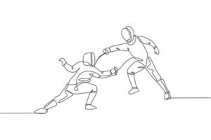 en kontinuerlig linjeteckning av två unga män som fäktar idrottare övar stridsåtgärder på idrottsarenan. fäktning kostym och hålla svärd koncept. dynamisk enda rad rita design vektorillustration vektor