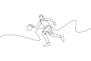 einzelne durchgehende Linienzeichnung eines jungen gesunden Basketballspielers, der einen Ball dribbelt. Leistungssportkonzept. trendige Designvektorillustration mit einer Linie für Basketballturnier-Werbemedien vektor