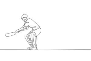 einzelne durchgehende Linie, die einen jungen agilen Mann Cricketspieler übt, um Cricketschläger-Vektorgrafiken zu schwingen. Sportübungskonzept. trendiges One-Line-Draw-Design für Cricket-Werbemedien vektor