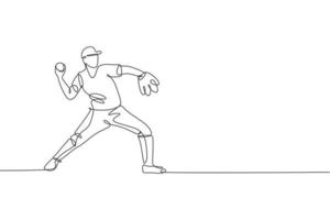 en enda linjeteckning av ung energisk man baseballspelare övar att kasta bollen vektorillustration. sport träning koncept. modern kontinuerlig linje ritning design för baseball turnering banner vektor
