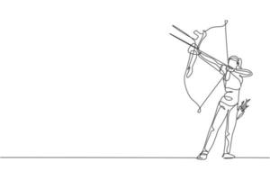 einzelne fortlaufende Linienzeichnung einer jungen professionellen Bogenschützin, die sich auf das Ziel des Bogenschießens konzentriert. bogenschießsportübung mit dem bogenkonzept. trendige einzeilige zeichnen design vektorgrafik illustration vektor