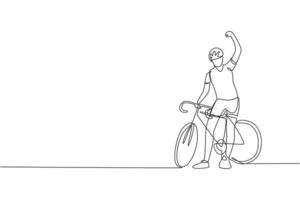 en enda linjeteckning av ung energisk man cykelracer räcker upp handen efter mål lopp. racing cyklist koncept vektor illustration. modern kontinuerlig linje ritning design för cykling turnering banner