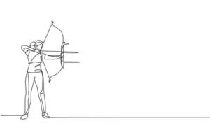 eine einzige Strichzeichnung einer jungen Bogenschützin, die sich darauf konzentriert, Bogenschießen auszuüben, um die Zielvektorillustrationsgrafik zu treffen. gesundes erfrischungsschießen mit bogensportkonzept. modernes Design mit durchgehender Linie vektor