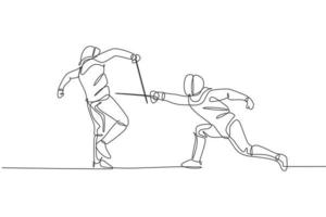 en kontinuerlig linjeteckning av två unga män som fäktar idrottare tränar på att slåss på idrottsarenan. fäktning kostym och hålla svärd action koncept. dynamisk enda rad rita design vektorillustration vektor