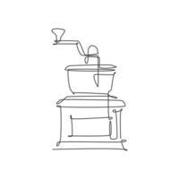 eine durchgehende Strichzeichnung des Logo-Emblems der manuellen handlichen Kaffeebohnenmühle aus Holz. altes klassisches Café-Logo-Vorlagenkonzept. moderne einzeilige zeichnen-design-vektorillustration vektor