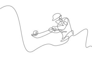 Single Continuous Line Drawing Young Agile Inder Cricket-Spieler traf den Ball präzise Vektorgrafik. Sportübungskonzept. trendiges One-Line-Draw-Design für Cricket-Werbemedien vektor