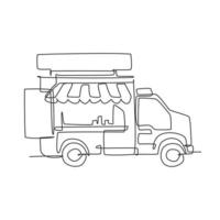 enda kontinuerlig linjeritning av stiliserad food truck parking logo etikett. mobilt snabbmatsrestaurangkoncept. modern en rad ritning design vektorillustration för café, butik eller mat leveransservice vektor