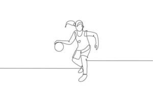 eine fortlaufende Strichzeichnung eines jungen Basketballspielers, der vor Gericht läuft. Mannschaftssportkonzept. dynamische Single-Line-Draw-Design-Vektorillustration für Basketball-Meisterschaftsspiel-Veröffentlichungsposter vektor