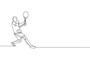en kontinuerlig linje ritning unga glada tennisspelare försvar och slå bollen. tävlingsidrottskoncept. dynamisk enda rad rita design vektor illustration grafik för turnering marknadsföring affisch