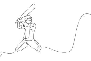 en kontinuerlig linjeritning av ung glad man cricketspelare stående ställning för att slå bollen vektorillustration. tävlingsidrottskoncept. dynamisk enda rad rita design för reklam affisch vektor