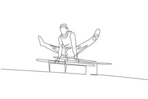 enda kontinuerlig linjeteckning ung vacker professionell gymnast man utföra akrobatiska rörelser. parallella barer träning och stretching koncept. trendiga en rad rita design vektorgrafisk illustration vektor