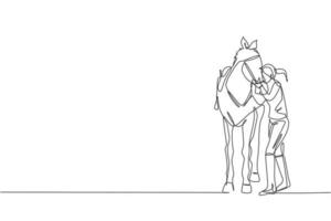 en enda linje ritning ung häst ryttare kvinna kramar och gnuggar hennes tagel på stabil vektorillustration. ridsport show konkurrens koncept. modern kontinuerlig linjeritningsdesign vektor