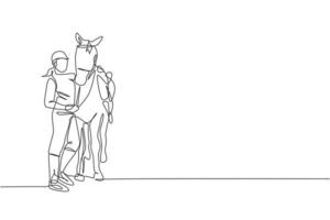 einzelne durchgehende Linie, die eine junge professionelle Reiterin zeichnet, die ihr Pferdehaar umarmt und reibt. Reitsport-Trainingsprozesskonzept. trendige einzeilige zeichnen design vektorgrafik illustration vektor