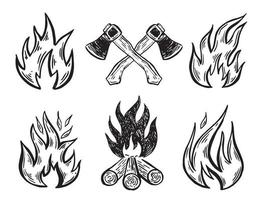 Lagerfeuer-Set, zwei gekreuzte Axt, handgezeichnete Illustration, Flamme, Brennen. vektor