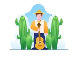 cinco de mayo festivalillustration med ung man och kvinna som gärna spelar musik och dans. kan användas för gratulationskort, vykort, affisch, inbjudan, banner, webb, sociala medier, etc. vektor