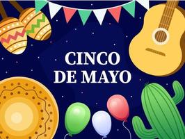 cinco de mayo kortdesign med gitarr, sombrero, maracas, kaktus, ballong och hängande partyflagga på mörk bakgrund. kan användas för gratulationskort, inbjudan, affisch, vykort, etc. vektor